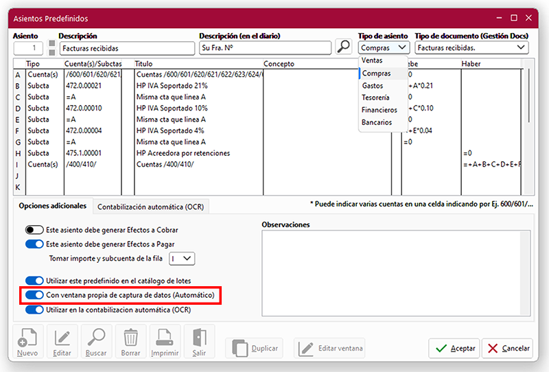 Ventana Asientos Predefinidos en ClassicConta 7.